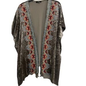 Andree‎ By Unit Gray Crushed Velvet Embroidered Kimono Open Cardigan Size S/M